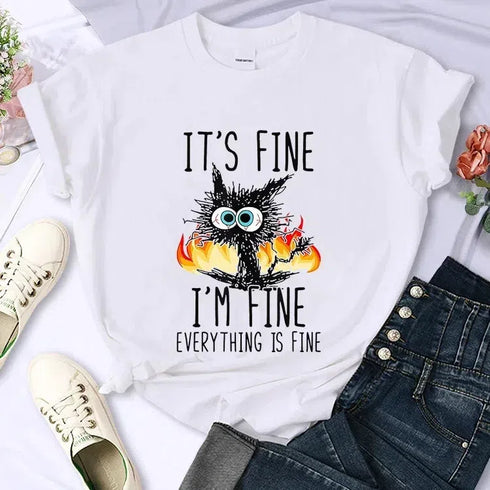 Oversized Black Cat T-Shirt - 'It's Fine, I'm Fine'
