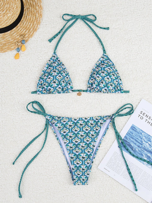 Floral Print Triangle Bikini Set with Brazilian Bottoms