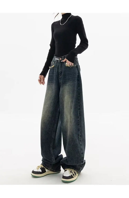 High Waist Wide Leg Jeans in Navy Blue