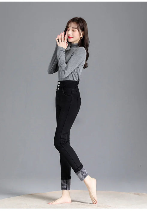 Women's Fleece-Lined High-Waisted Slim Fit Jeans