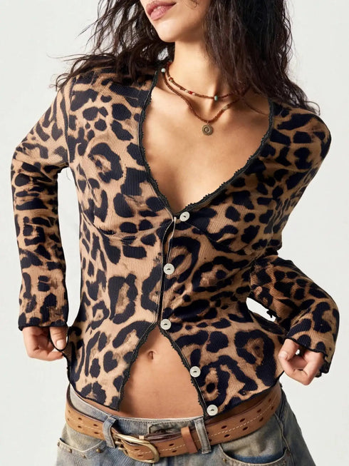 Women's Long Sleeve Cardigan Leopard Print Deep V Button Front Ribbed Lace Trim Spring Summer Retro Trendy Daily Dating Casual