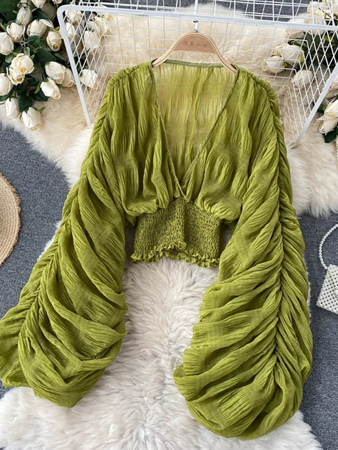 Elegant V-Neck Puff Sleeve Chiffon Blouse