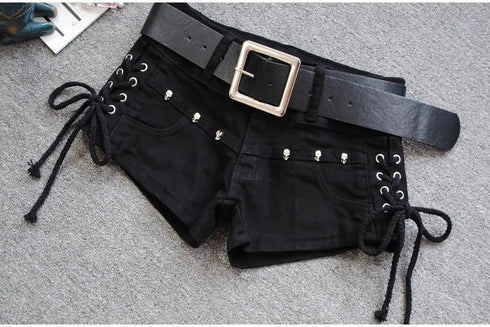Low Rise Denim Shorts with Lace-Up Detail