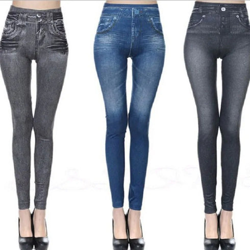 Women's Denim Print Slim Leggings in Black and Blue