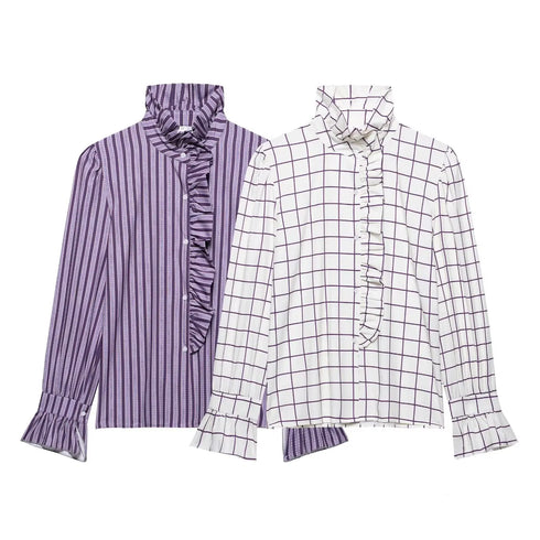 Elegant Purple Plaid Ruffled Blouse for Women