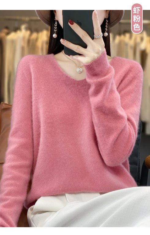 100% Merino Wool V-Neck Pullover Sweater for Women