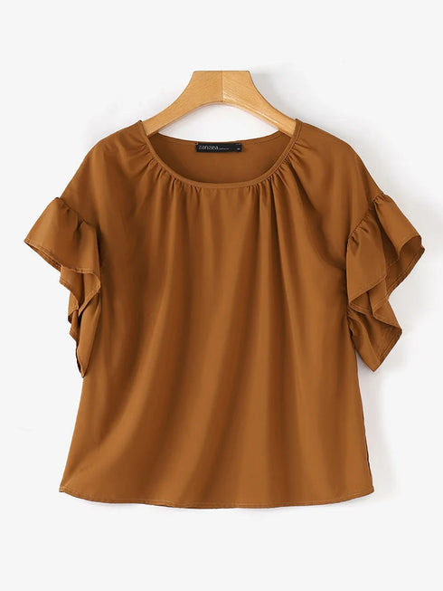 ZANZEA Women Chiffon Blouse Korean Casual Ruffle Short Sleeve Tops Shirt Elegant Ruffle Hem Blusas 2024 Summer Fashion Tunics