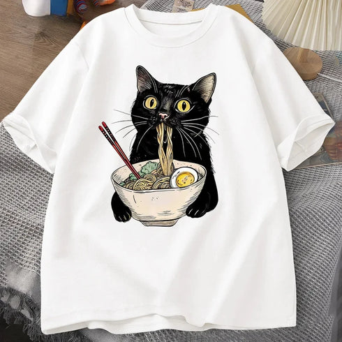 Funny Cat Noodle Ramen T Shirt for Foodie Lovers Unisex Short Sleeve Casual Top for Men Women