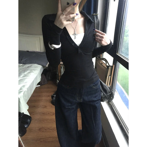Genayooa Retro Y2K Long Sleeve Black T-shirt for Women