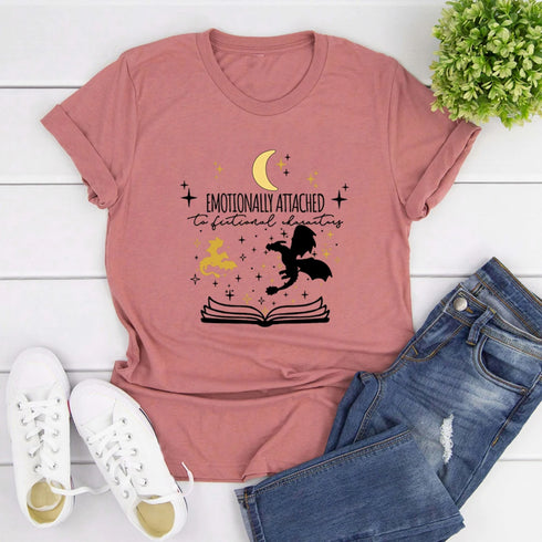 Emotionally Attached To Fictional Characters T Shirt Unisex Graphic Tee for Book Lovers Short Sleeve Casual Top