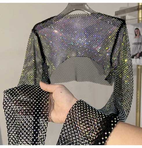 Hollow Out Rhinestone Long Sleeve Crop Top