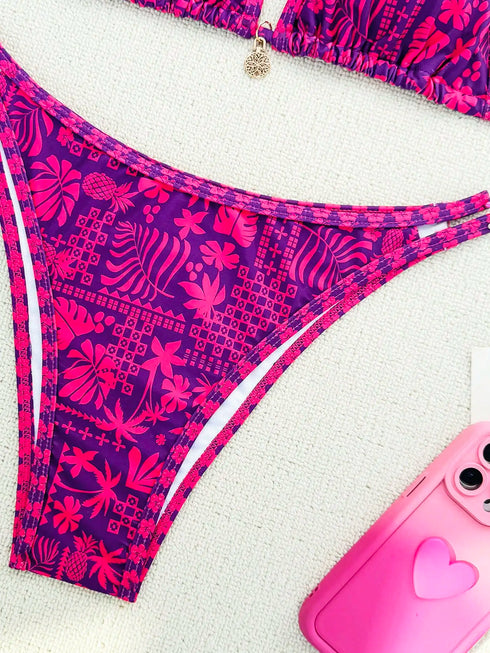 Purple Floral Print Bikini Set for Women