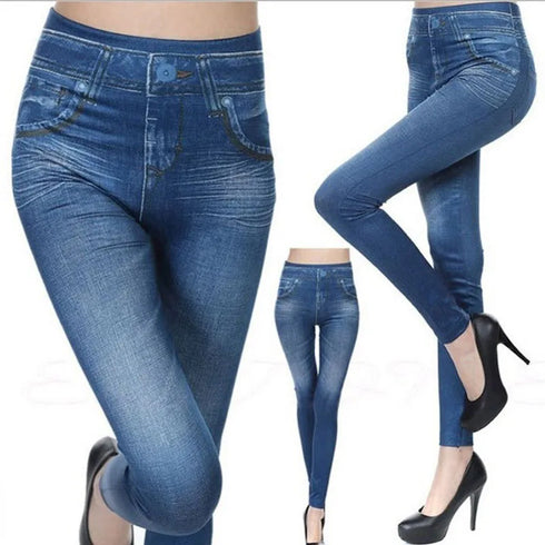 Women's Denim Print Slim Leggings in Black and Blue