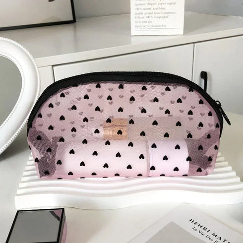 Heart Shaped Nylon Mesh Cosmetic Bag