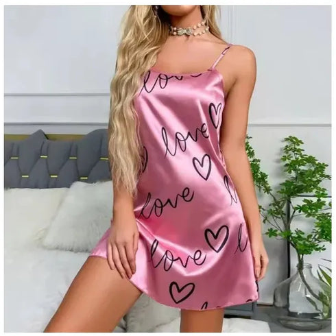 Women’s Satin Chemise Nightdress with Heart Print
