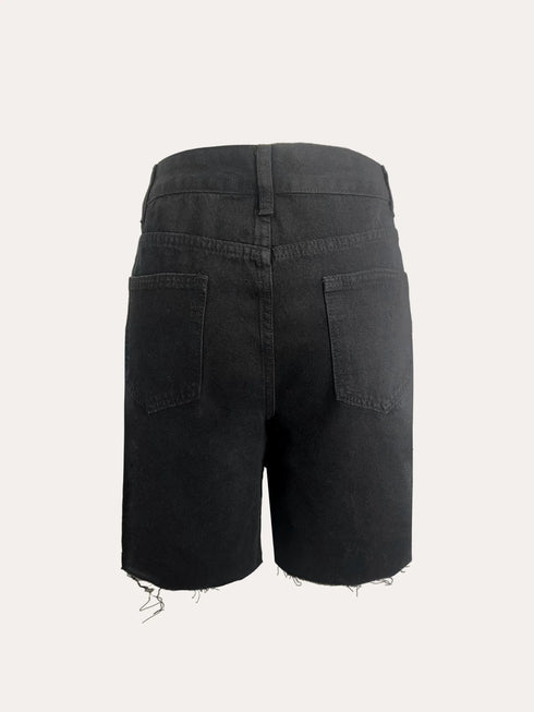 Women's Black Denim Shorts with Distressed Detail
