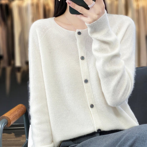 100% Pure Merino Cashmere O-Neck Cardigan for Women