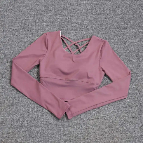 Women's hollow-out back with a built-in bra, long-sleeved yoga top, quick-drying, one-piece bra, pil training fitness suit.