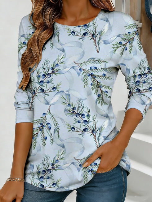 Women's blue floral watercolor print long-sleeved loose-fitting round neck top, casual, everyday, stylish and elegant.