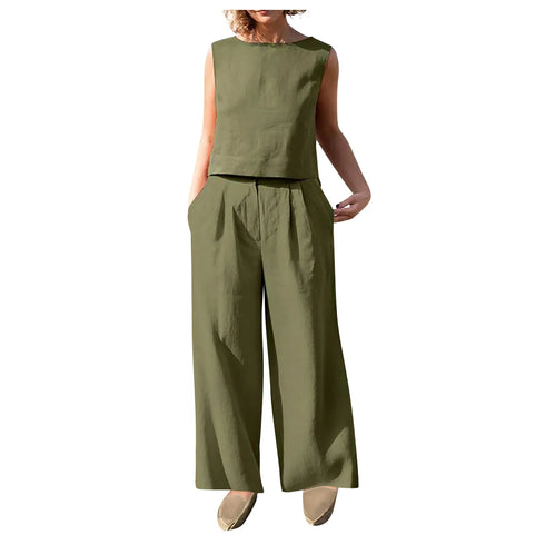 Women's Cotton Linen Sleeveless Top and Wide Leg Pants Set