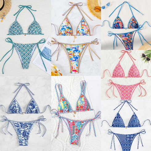 Floral Print Triangle Bikini Set with Brazilian Bottoms