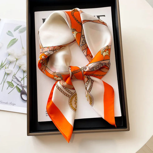 Luxury Design Print Silk Square Scarf Women Soft Satin Horse Hairband Neckerchief Office Hijab Headband Foulard Bag Ribbons Gift