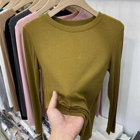 Slim Fit O-Neck Long Sleeve Top for Women