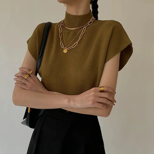 Solid Stand-up Collar Knitted Blouse Vest