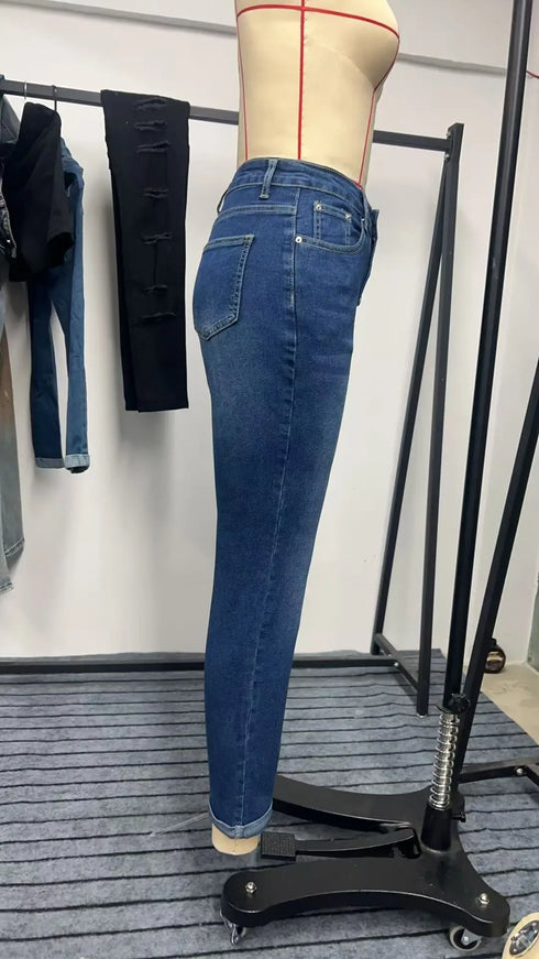 High Waist Blue Denim Jeans with Button Detail