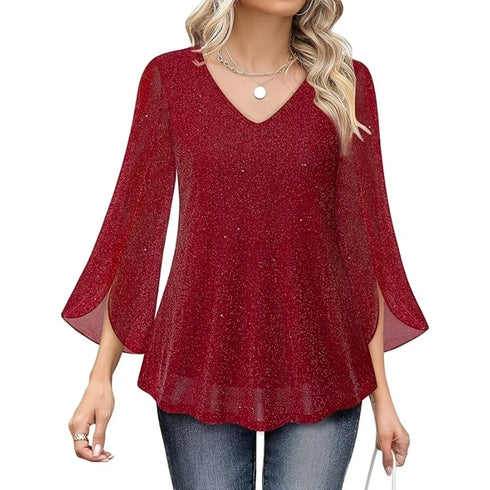Plus Size V-Neck Casual Ruffle Edge 3/4 Sleeve Top