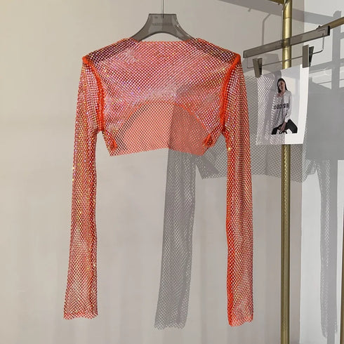 Hollow Out Rhinestone Long Sleeve Crop Top