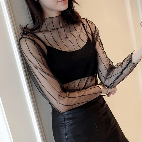New Transparent See Through Shirt Women Sexy Harajuku Mesh Top Clubwear Lace Turtleneck Blouse Ideal for Parties and Nights Out