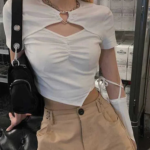 Hollow Out Short Sleeve Crop Top for Women