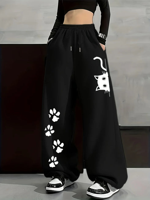 Women's Plus-Size Casual Cat Paw Print Sweatpants