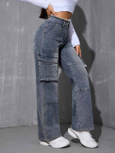 Women's High Waist Cargo Denim Pants with Pockets