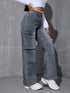 Women's High Waist Cargo Denim Pants with Pockets