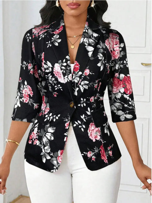 Floral Printed Autumn Blazer with Three Quarter Sleeves