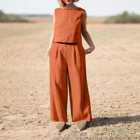 Women's Cotton Linen Sleeveless Top and Wide Leg Pants Set