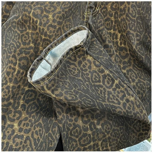 High Waisted Leopard Print Wide Leg Jeans