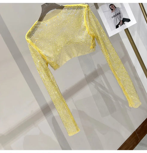 Hollow Out Rhinestone Long Sleeve Crop Top