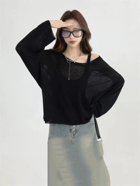 Sexy Sheer Baggy T-shirt for Women 2024 Summer Casual Fashion Loose Pullovers Chic Lazy Solid Color Off Shoulder Top Streetwear