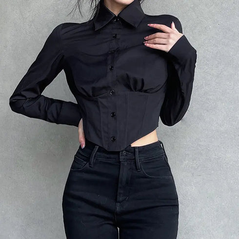 Zadily Long Sleeve Button-Up Crop Top in Black