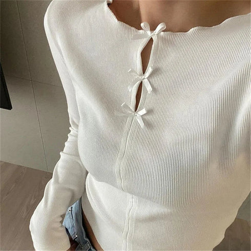 Bow Hollowed Out Long Sleeve T-shirt for Women