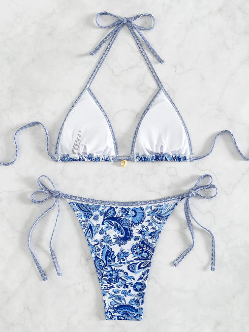 Floral Print Triangle Bikini Set with Brazilian Bottoms
