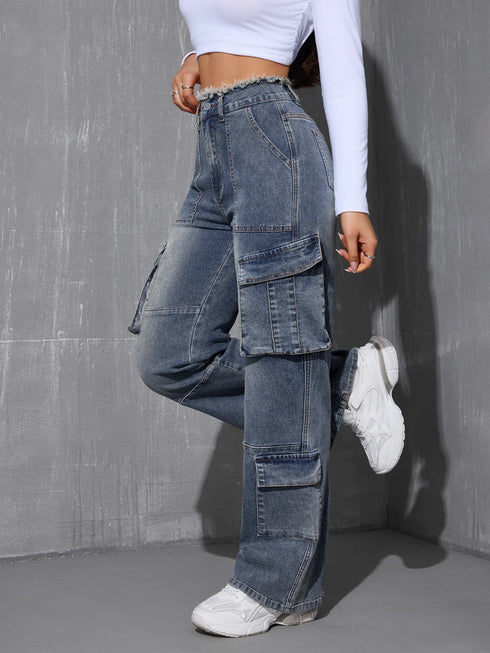 Women's High Waist Cargo Denim Pants with Pockets