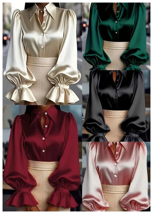 Elegant Satin Blouse with Ruffled Cuff Sleeves