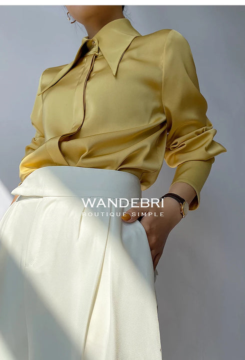 Elegant Satin Silk Blouse with Turn Down Collar
