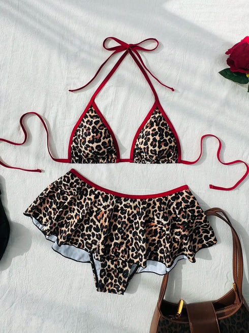 Leopard Print Bikini Set with Thong Skirt