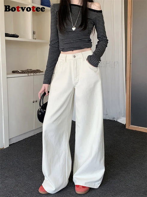 Botvotee White Baggy High Waisted Jeans for Women