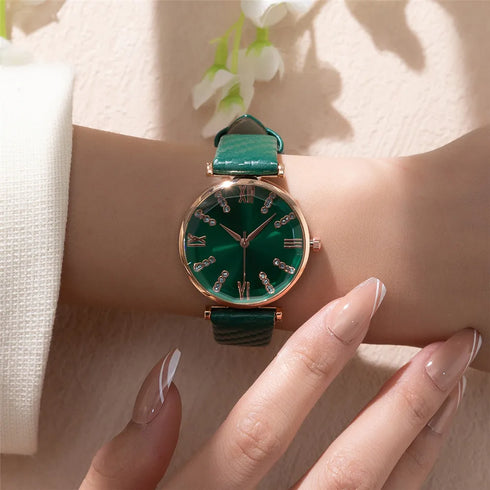 Luxury Ladies Diamond Roman Design Quartz Watch - Green Strap
